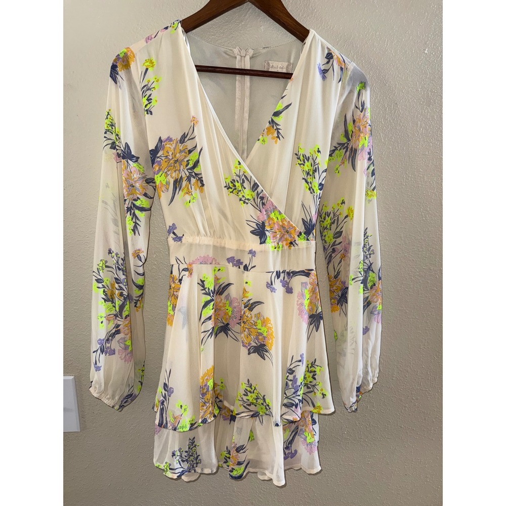 Altar'd State Floral Garden Long Sleeve Tiered Ruffle Mini Dress Cream WM M